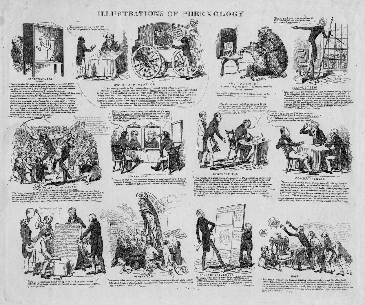 Ilustracje frenologii, ok. 1834 r. autorstwa David Claypoole Johnston