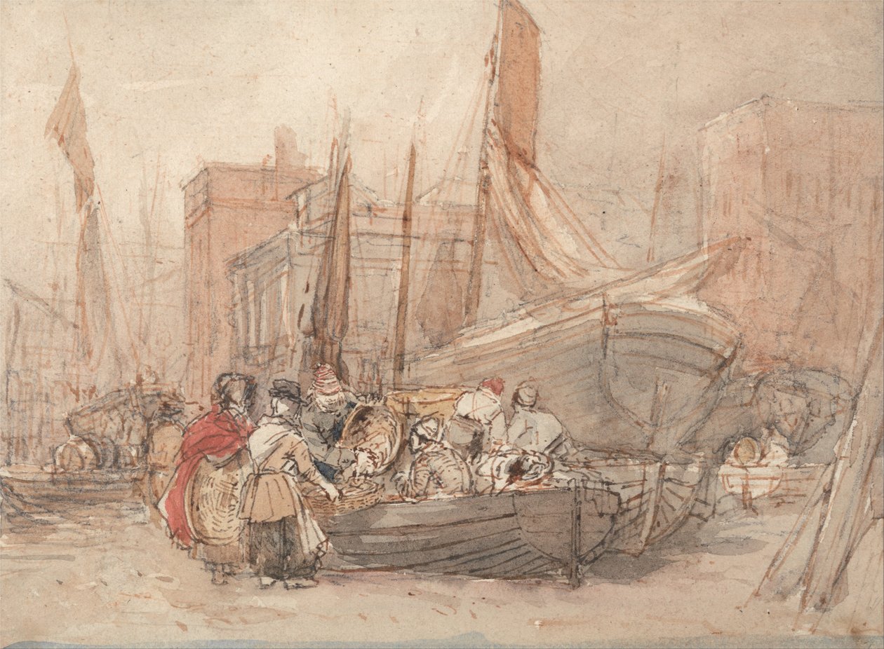 Scena portowa, z rozładowywaniem łodzi rybackich autorstwa David Cox