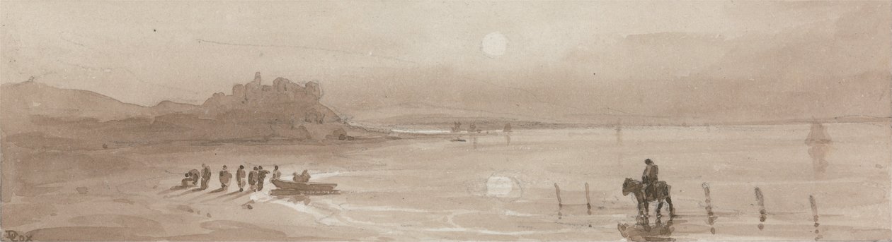 Wybrzeże, zachód słońca z zamkiem Harlech autorstwa David Cox