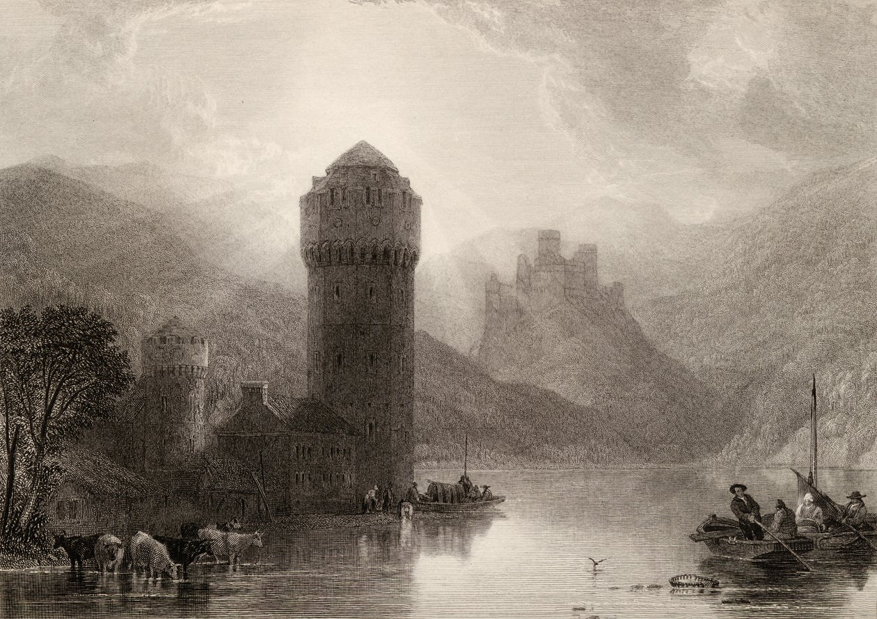 Wieża Niederlahnstein, ryt E. Goodall, ilustracja z „Pielgrzymów Renu” wydanej w 1840 r. autorstwa David Roberts