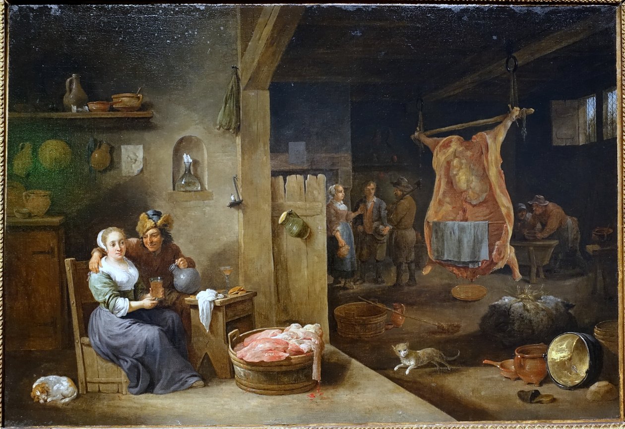 Flamandzkie wnętrze z zabitym wołem autorstwa David Teniers the Younger