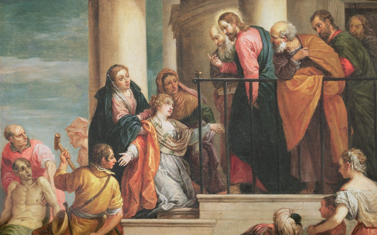 Wychowanie syna wdowy po Nain, 1651-56, kopia obrazu Veronese (panel) autorstwa David Teniers the Younger