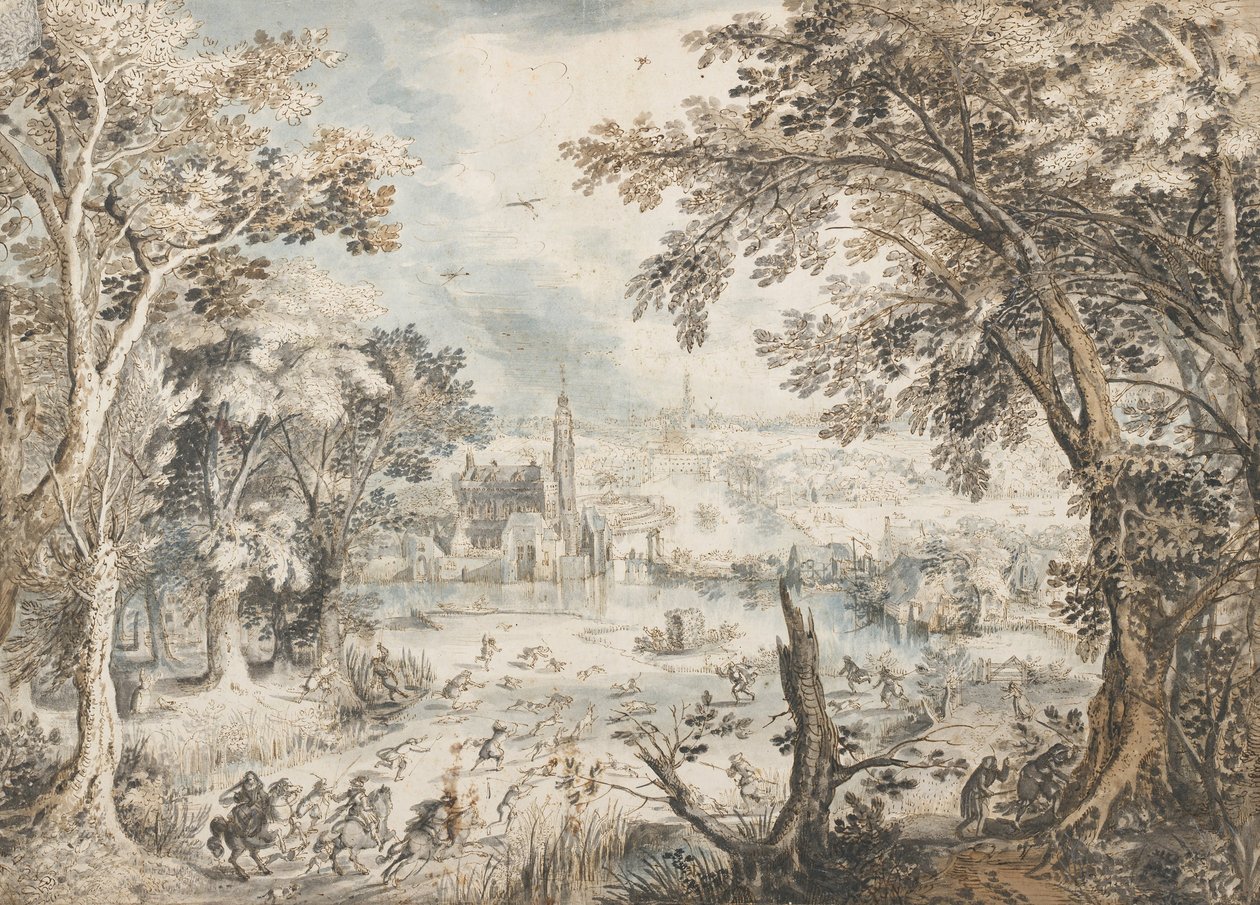 Pejzaż z polowaniem na zająca, 1601-1602 autorstwa David Vinckboons