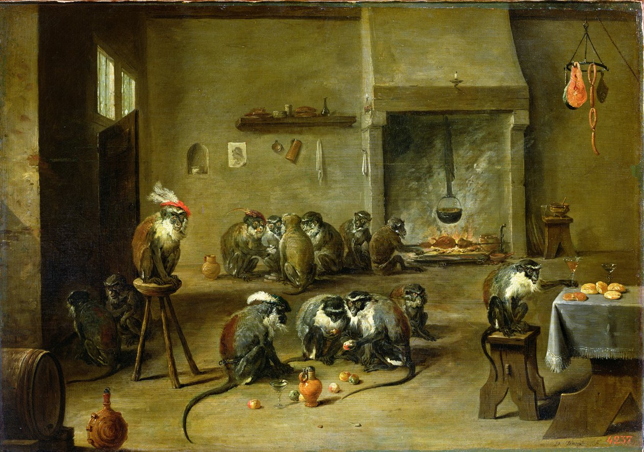 Małpy w kuchni, ok. 1645 (olej na płótnie, przeniesiony z płyty) autorstwa David Teniers the Younger