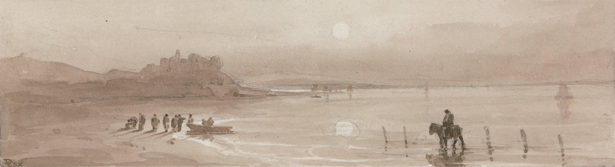 Wybrzeże, zachód słońca z zamkiem Harlech autorstwa David Cox