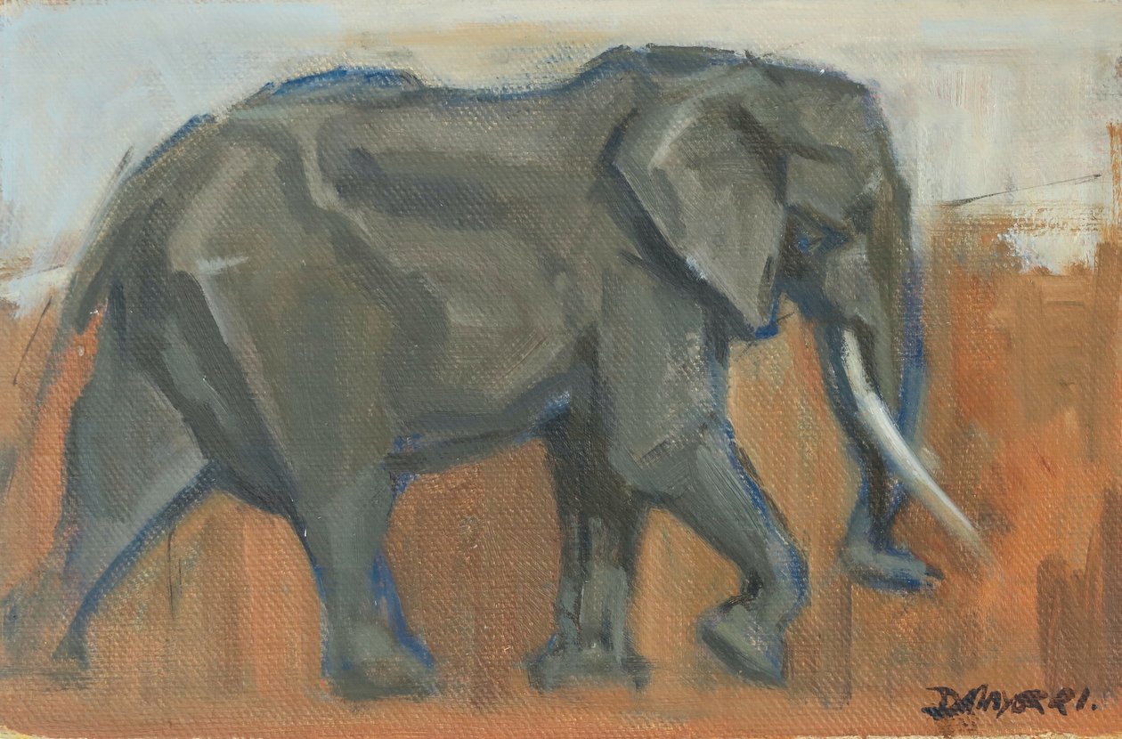 Bull Elephant, 2019 (olej na panelu) autorstwa David Mayer