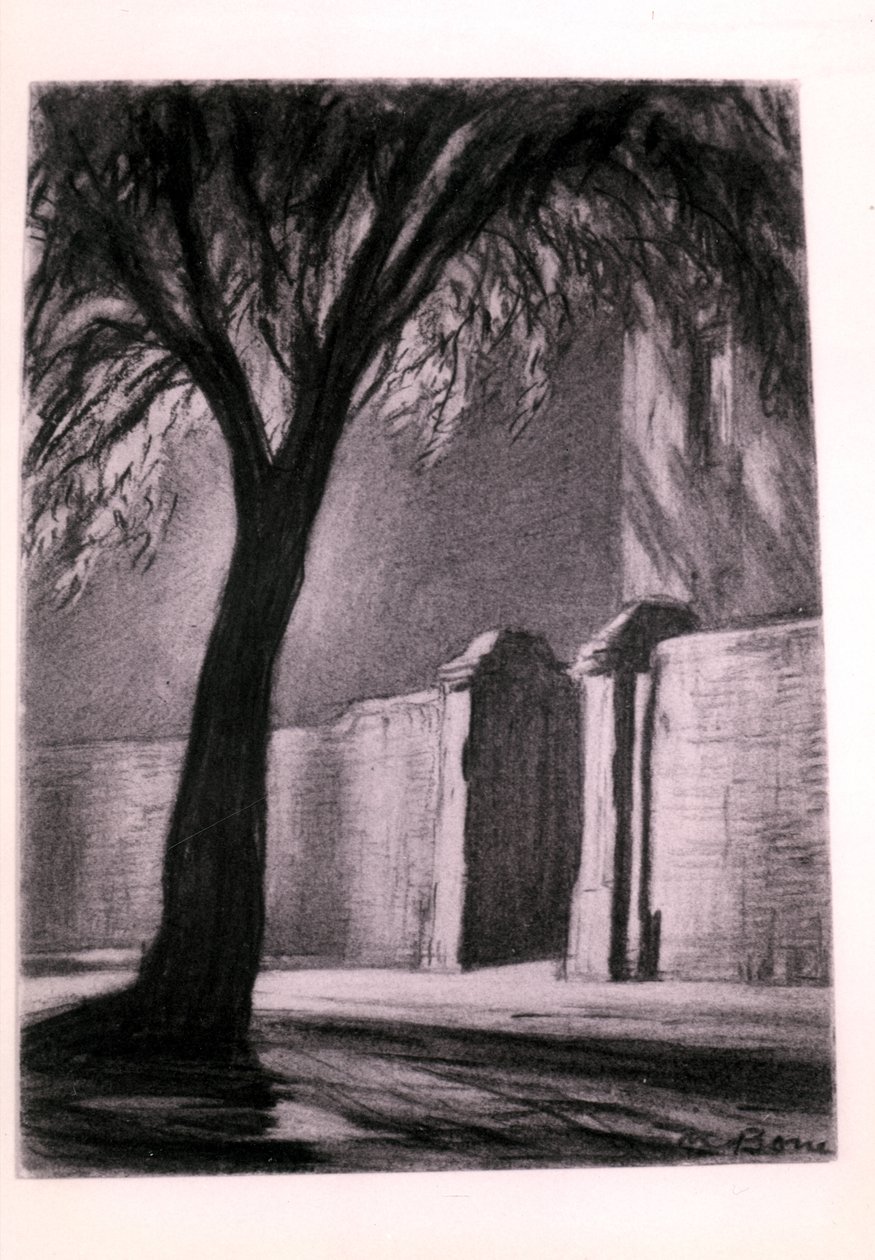 Noc na przedmieściach, ok. 1920 (węgiel) autorstwa David Muirhead Bone