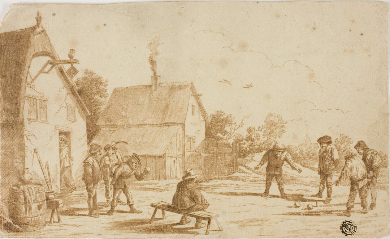 Mężczyźni grający w bule na zewnątrz tawerny autorstwa David Teniers the Younger
