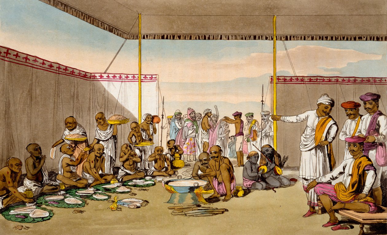 Mahratta Surdar zabawiający braminów, z „Strój, charakter, maniery, nawyki domowe i ceremonie religijne Mahrattów” T. D. Broughtona, akwaforta Baxtera, 1813 autorstwa Deen Alee