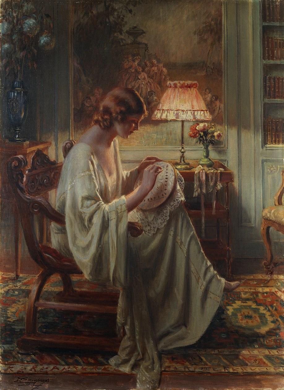 Pani szyjąca we wnętrzu autorstwa Delphin Enjolras