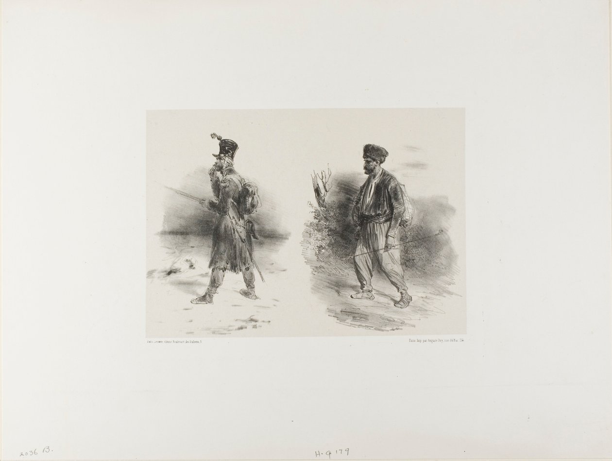 Arkusz z zatłoczonym szkicem autorstwa Denis Auguste Marie Raffet