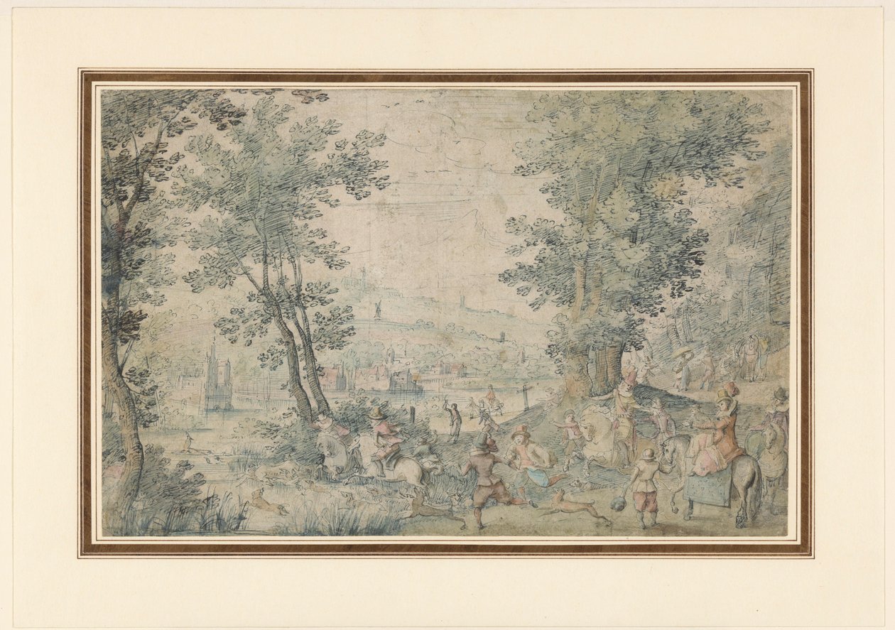 Krajobraz w pobliżu Brukseli z polowaniem na jelenie autorstwa Denis van Alsloot (possibly)