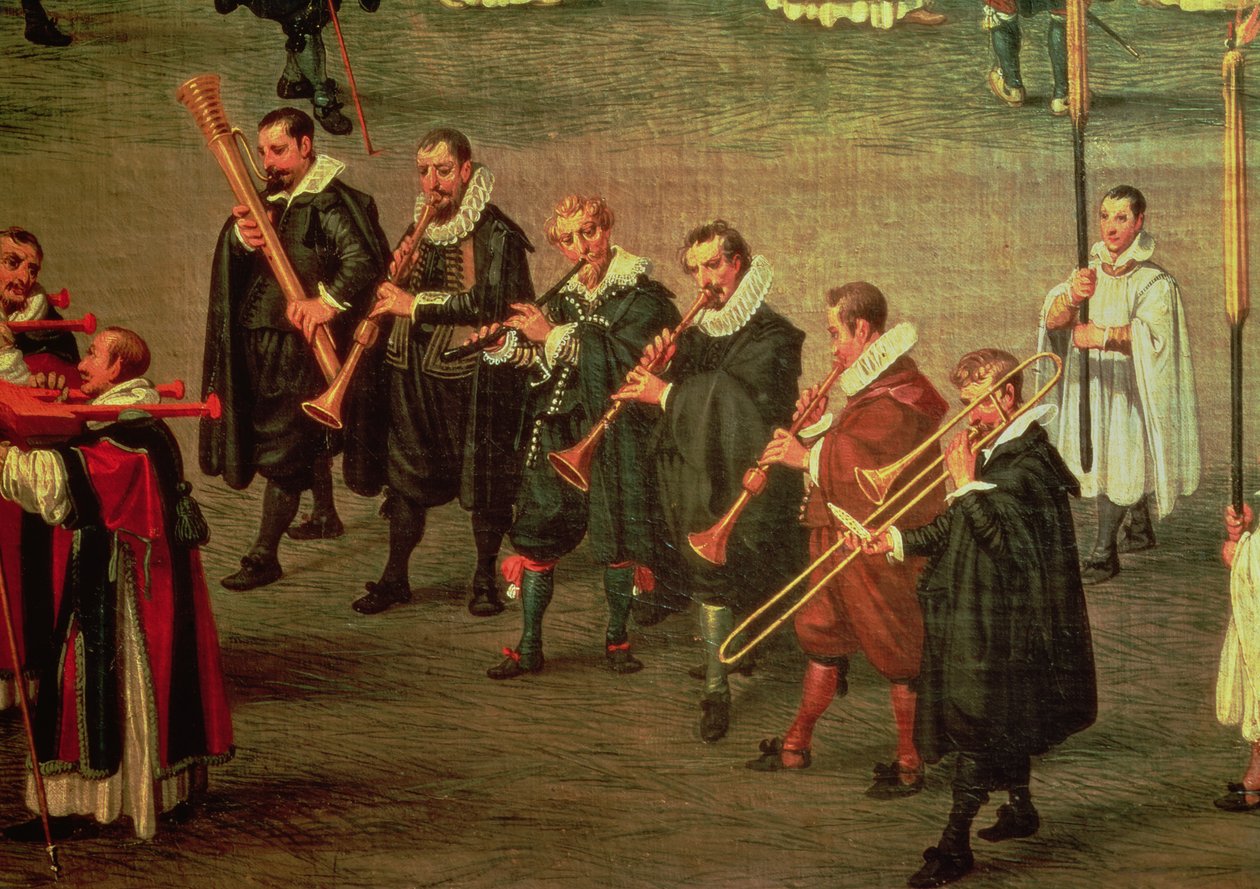 Muzycy biorący udział w The Ommeganck w Brukseli w dniu 31 maja 1615: Procesja Notre Dame de Sablon (patrz 59846) autorstwa Denys van Alsloot