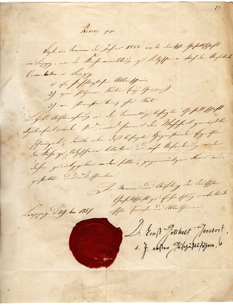 Rewersy en towarzystwa do badań języka patriotycznego i starożytności dla parafii Lützschena z 19 maja 1857 r. autorstwa Deutsche Gesellschaft zu Erforschung vaterländischer Sprache und Alterthümer