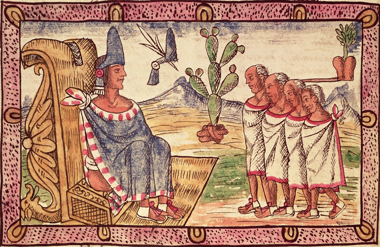 fol.156v Montezuma II (1466-1520) i jego wysłannicy do hiszpańskich zdobywców, 1579 r. autorstwa Diego Duran