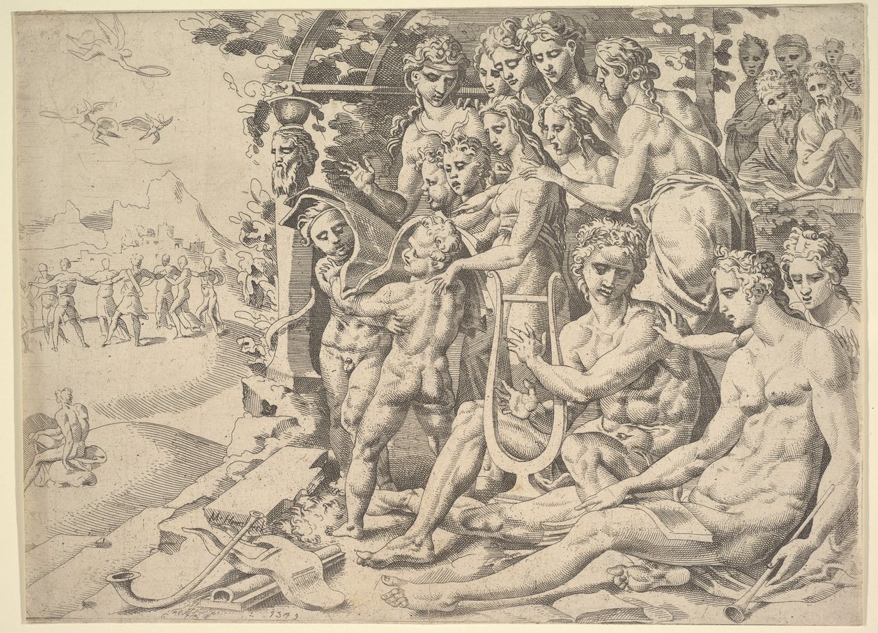 Apollo i muzy, 1549. autorstwa Dirck Volkertsen Coornhert