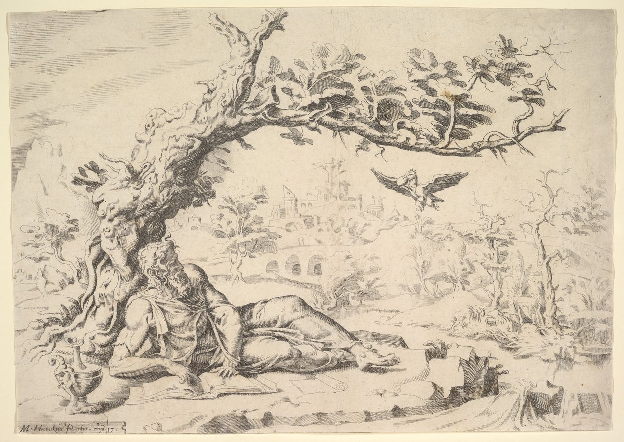Eliasz karmiony przez kruki, 1549. autorstwa Dirck Volkertsen Coornhert