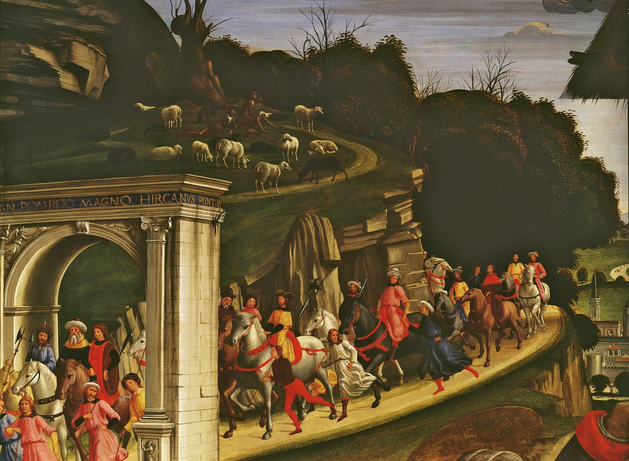 Adoracja pasterzy, fragment przedstawiający procesję Trzech Króli, 1485 (detal 85101) autorstwa Domenico Ghirlandaio
