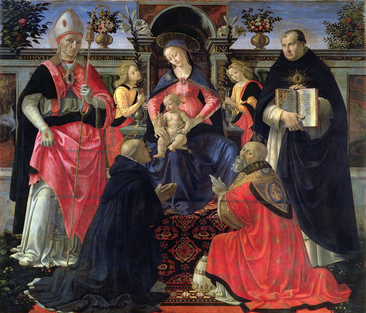 Madonna z Dzieciątkiem na tronie z SS. Dionizjusz, Aeropagita, Domenik, Klemens i Tomasz z Akwinu, 1483 autorstwa Domenico Ghirlandaio