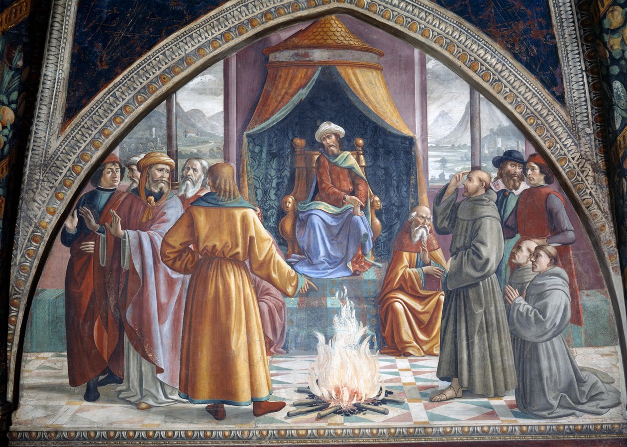 Proces ognisty, św. Franciszek przed sułtanem Egiptu, scena z cyklu Żywot św. Franciszka z Asyżu, 1486 autorstwa Domenico Ghirlandaio