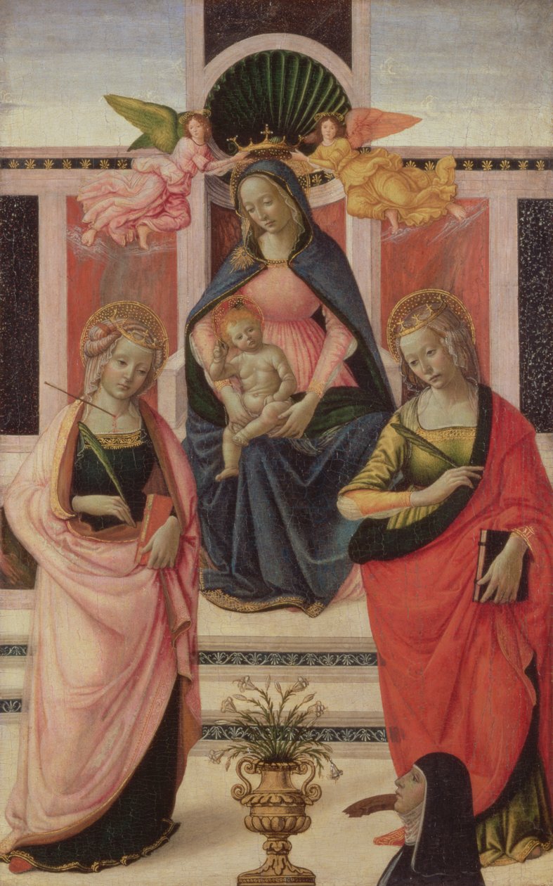 Madonna z Dzieciątkiem na tronie ze św. Urszulą i św. Katarzyną, 1480-1500 (tempera z glazurą olejną na desce) autorstwa Domenico Ghirlandaio