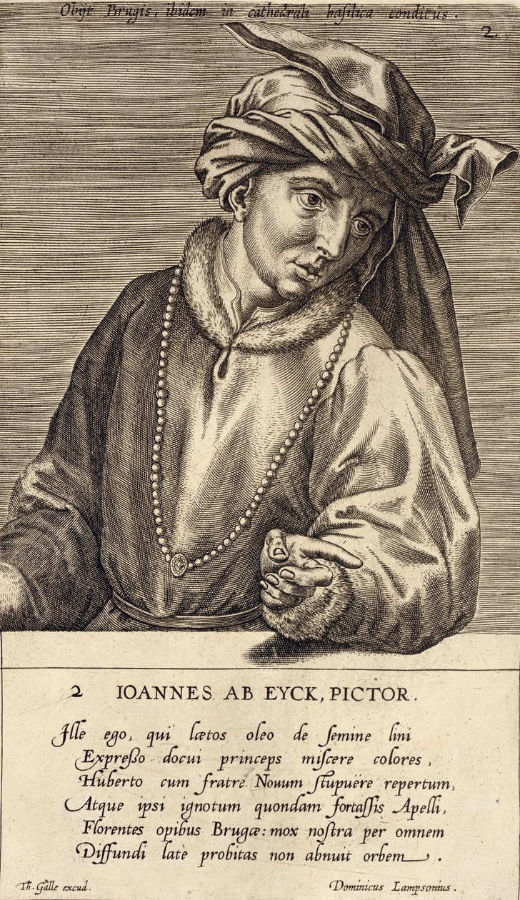 Portret Jana van Eycka (ok.1390-1441) tablica 2 w serii portretów artystów, rytowany przez Theodora Galle (1571-1633) autorstwa Dominicus Lampsonius