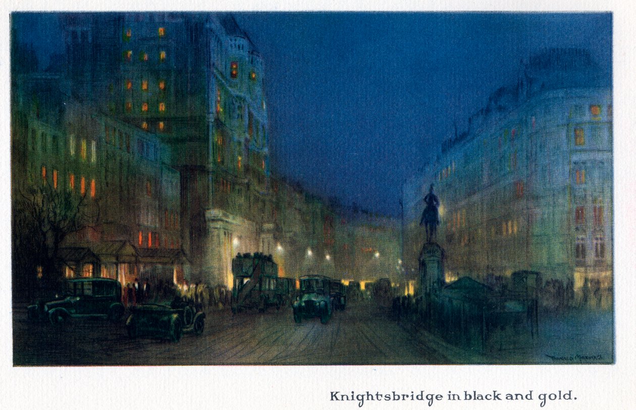 Knightsbridge w czerni i złocie, z „Nowych świateł Londynu”, wydana w 1926 r. autorstwa Donald Maxwell