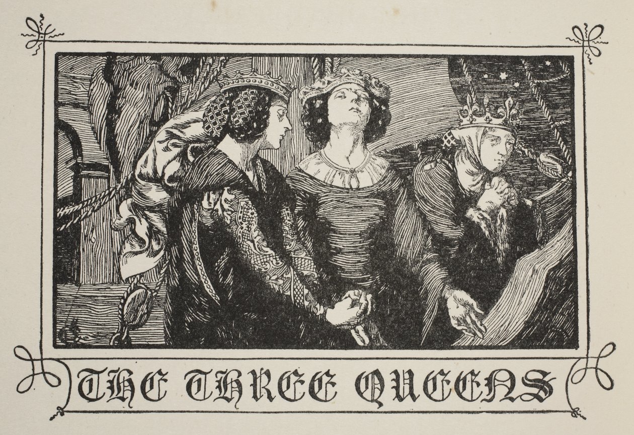 Trzy królowe, ilustracja z „Opowieści o królu Arturze i Okrągłym Stole” Beatrice Clay, wydanie 1, 1905 autorstwa Dora Curtis