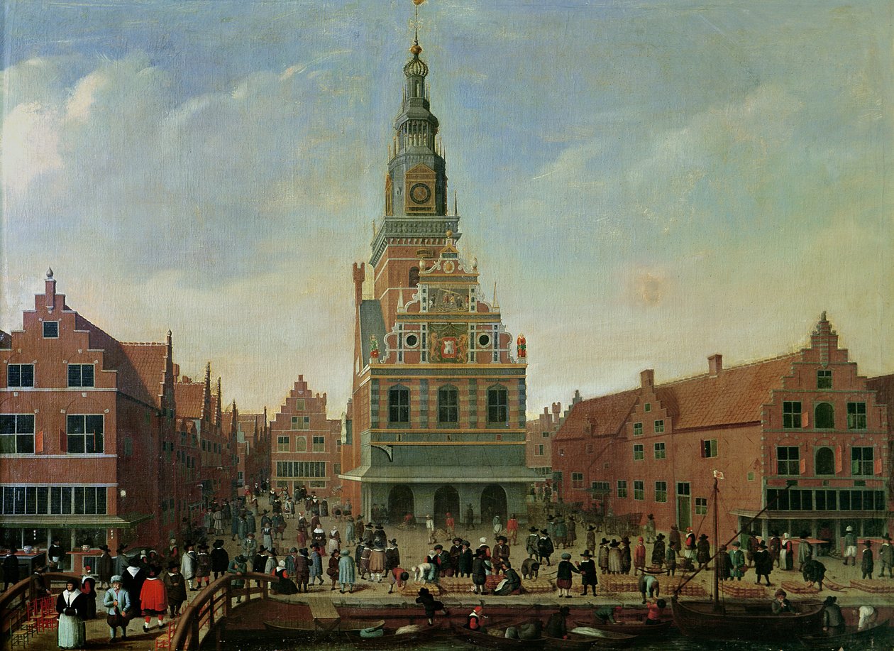 Widok na wagę i targ serów w Alkmaar autorstwa Dutch School
