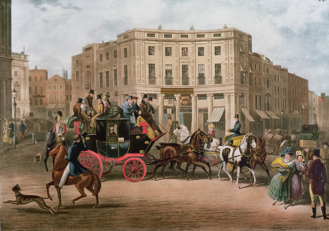The Age, Brighton Coach at the Bull and Mouth, Regent Circus, Piccadilly, grawerowane przez G.V.C. Polowanie, 1829 autorstwa E. F. Lambert