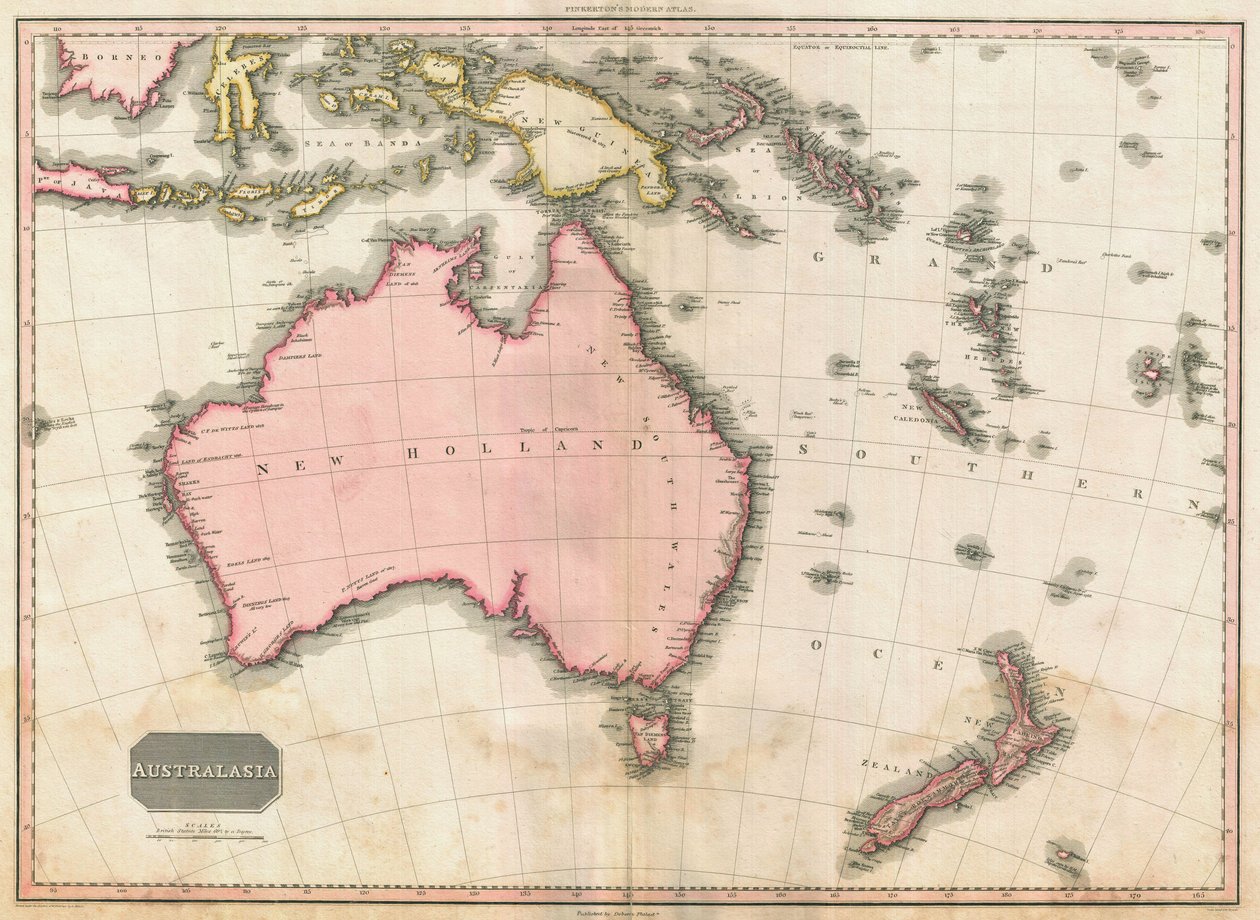 Mapa Australii i południowo-zachodniego Pacyfiku Johna Pinkertona, 1818 (kolor grawerowany) autorstwa E. J. Pinkerton