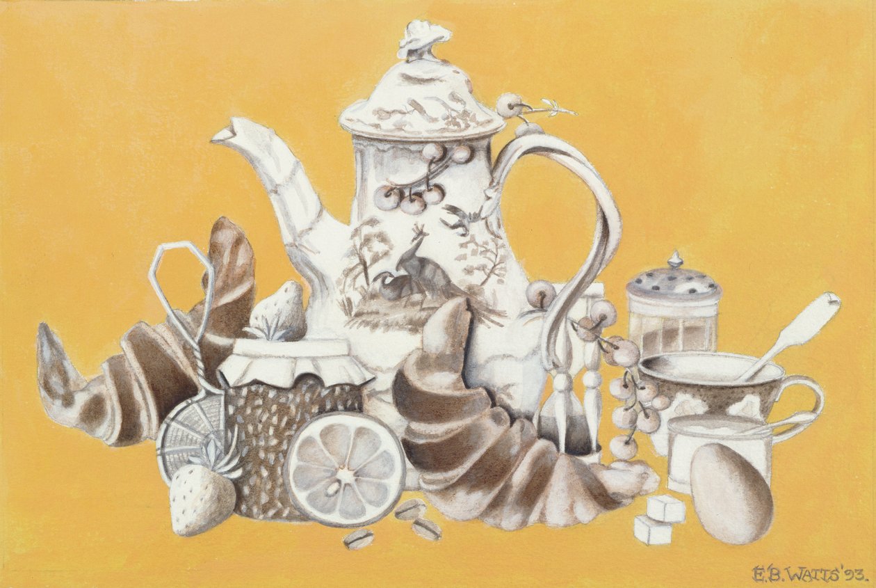 Śniadanie, 1993 (akryl na papierze) autorstwa E.B. Watts