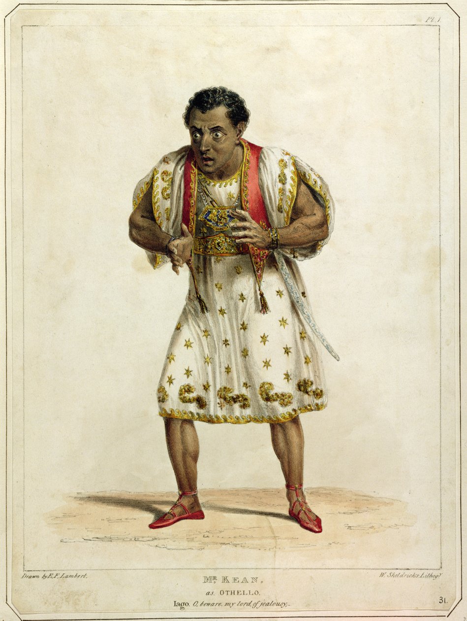 Portret pana Edmunda Keana (1787-1833) jako Otella, sztychowany przez W. Sheldricksa (litografia kolorowa) autorstwa E.F. Lambert