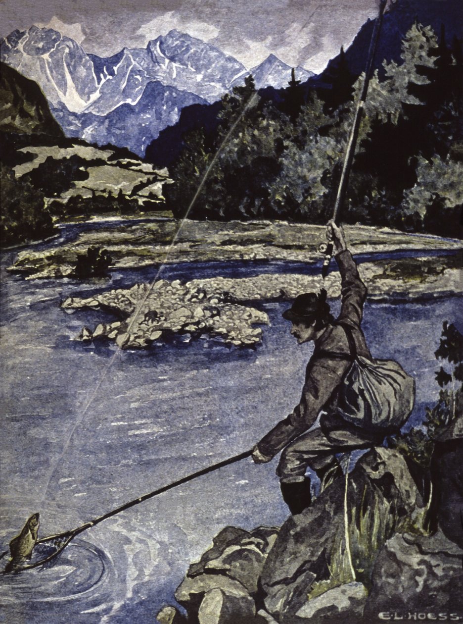 Wędkowanie w rzece, ok. 1900 r. (ilustracja) autorstwa E. L. Hoess