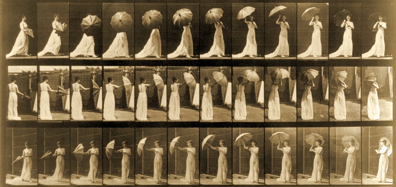 Kobieta otwierająca parasolkę z serii „Animal Locomotion”, ok.1887 r. autorstwa Eadweard Muybridge