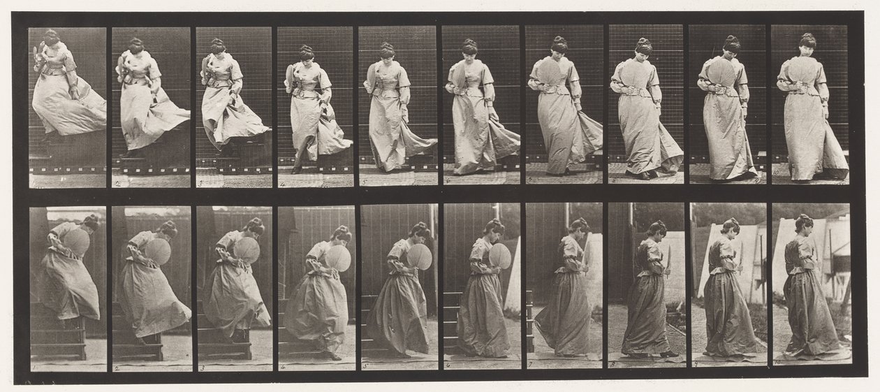 Płyta 142. Zstępujące schody, Złapana obracająca się suknia, 1885 autorstwa Eadweard Muybridge