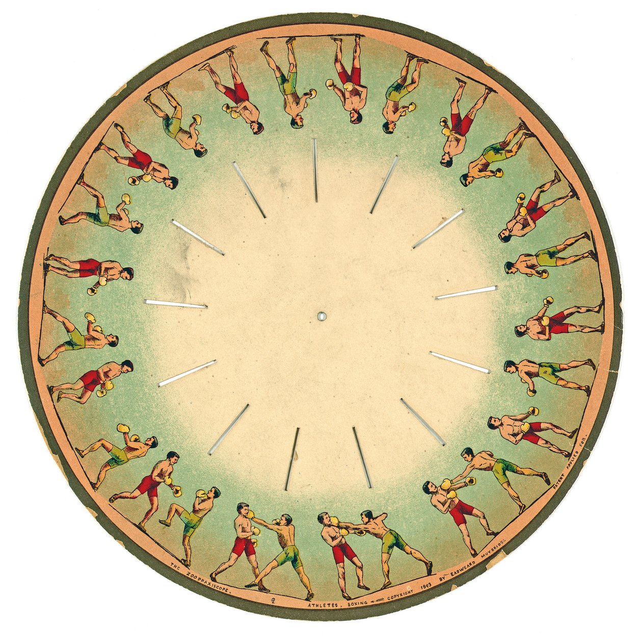 dysk z zoopraxiscope ukazujący mężczyzn walczących, 1893 autorstwa Eadweard Muybridge