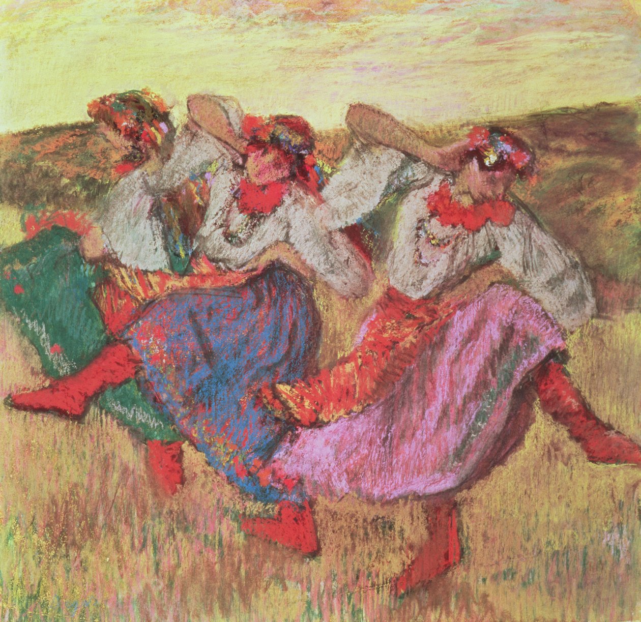 Trzech tancerzy w strojach chłopskich (pastelowych) autorstwa Edgar Degas