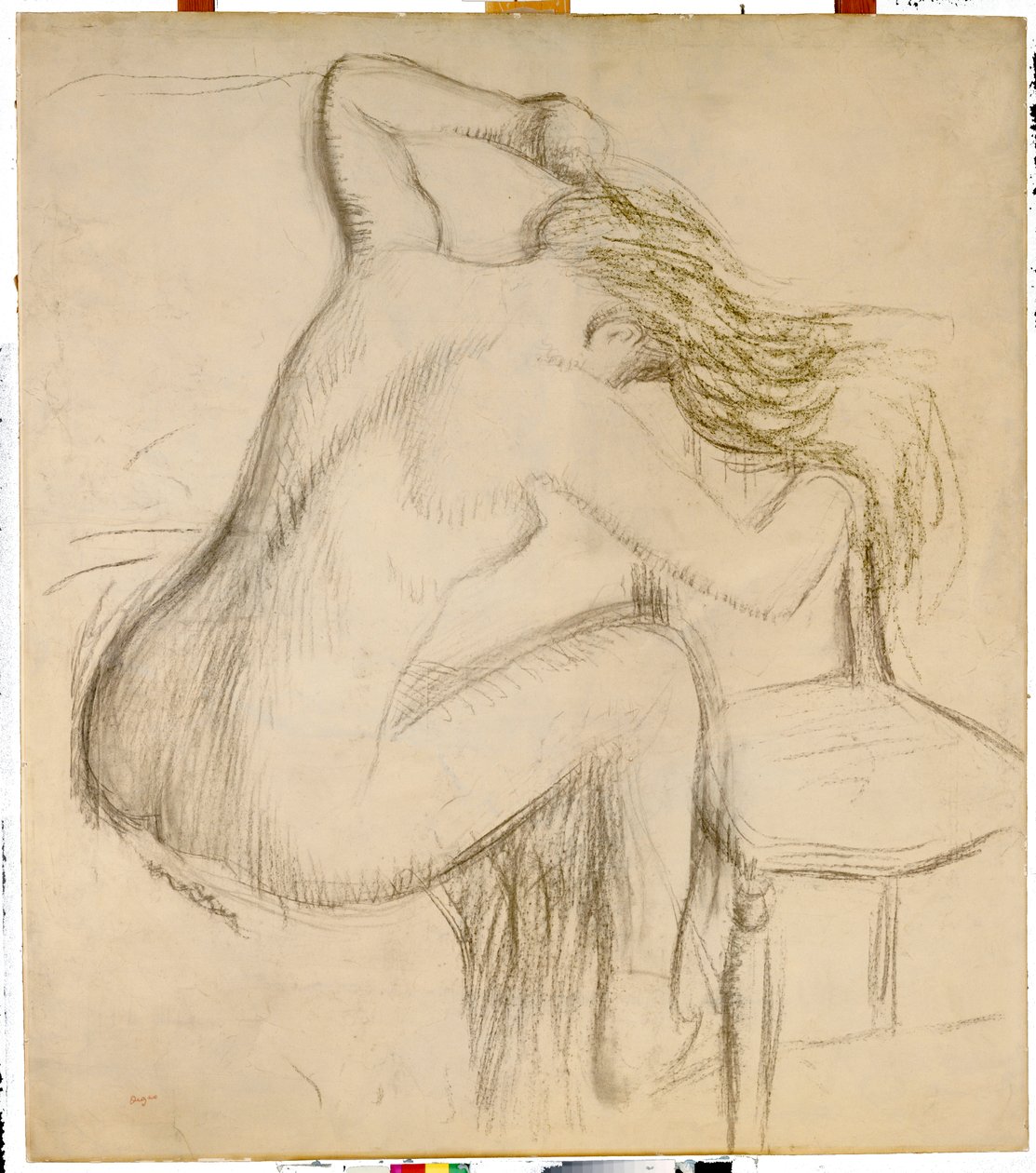 Siedząca naga kobieta stylizująca włosy autorstwa Edgar Degas