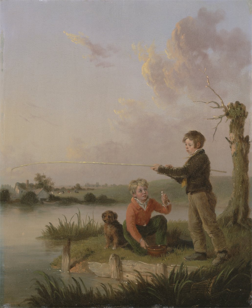 Młodzi wędkarze (olej na panelu) autorstwa Edmund Bristow