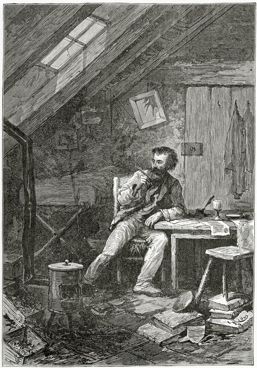Na poddaszu, XIX w. (rycina bw) autorstwa Edouard Riou