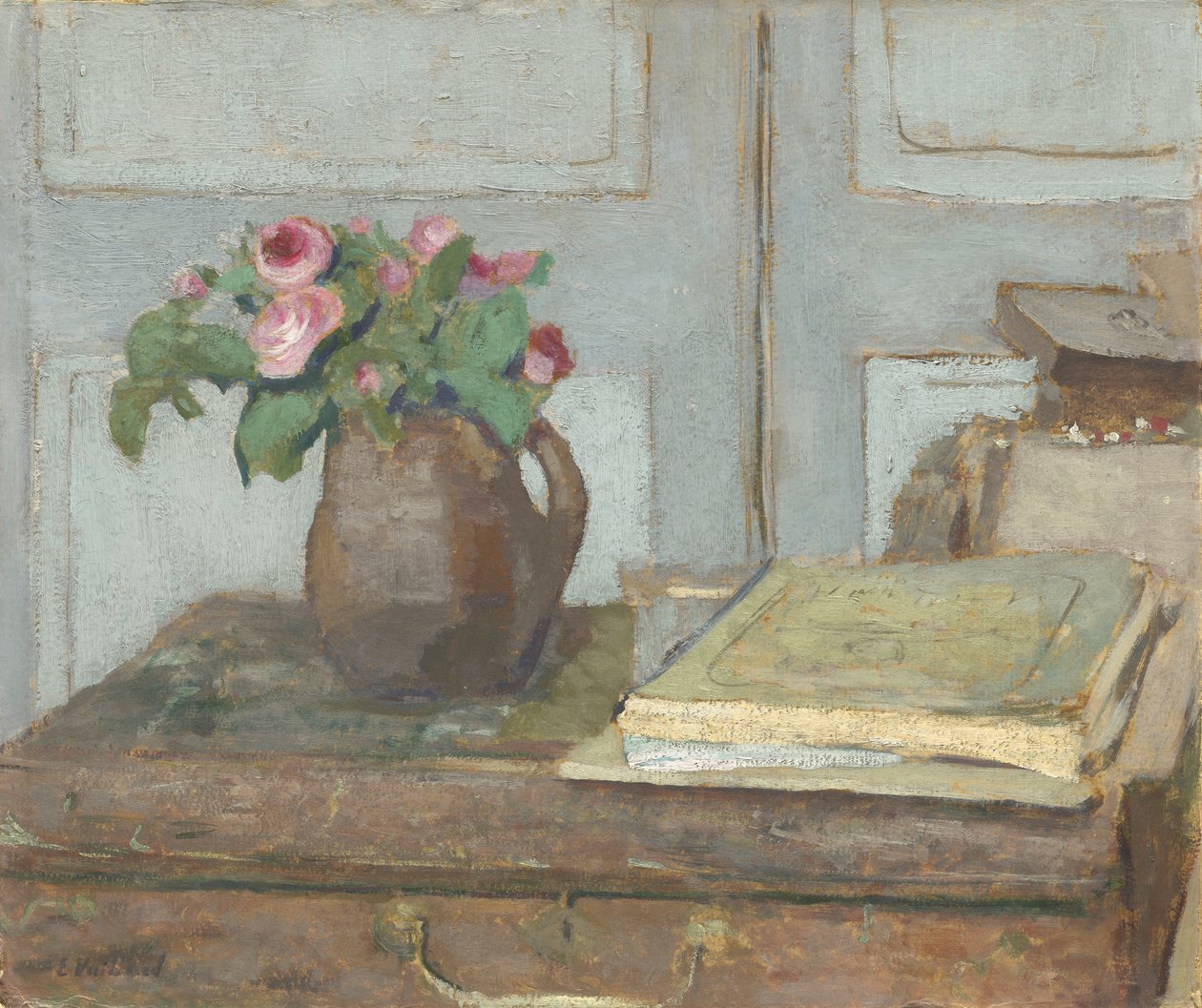 Pudełko z farbami artysty i róże z mchu, 1898 (olej na tekturze) autorstwa Edouard Vuillard