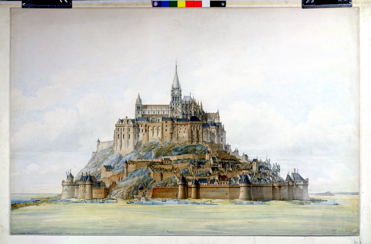 Projekt renowacji Mont Saint-Michel (strona południowa), marzec 1875 (wc na papierze) autorstwa Edouard Jules Corroyer