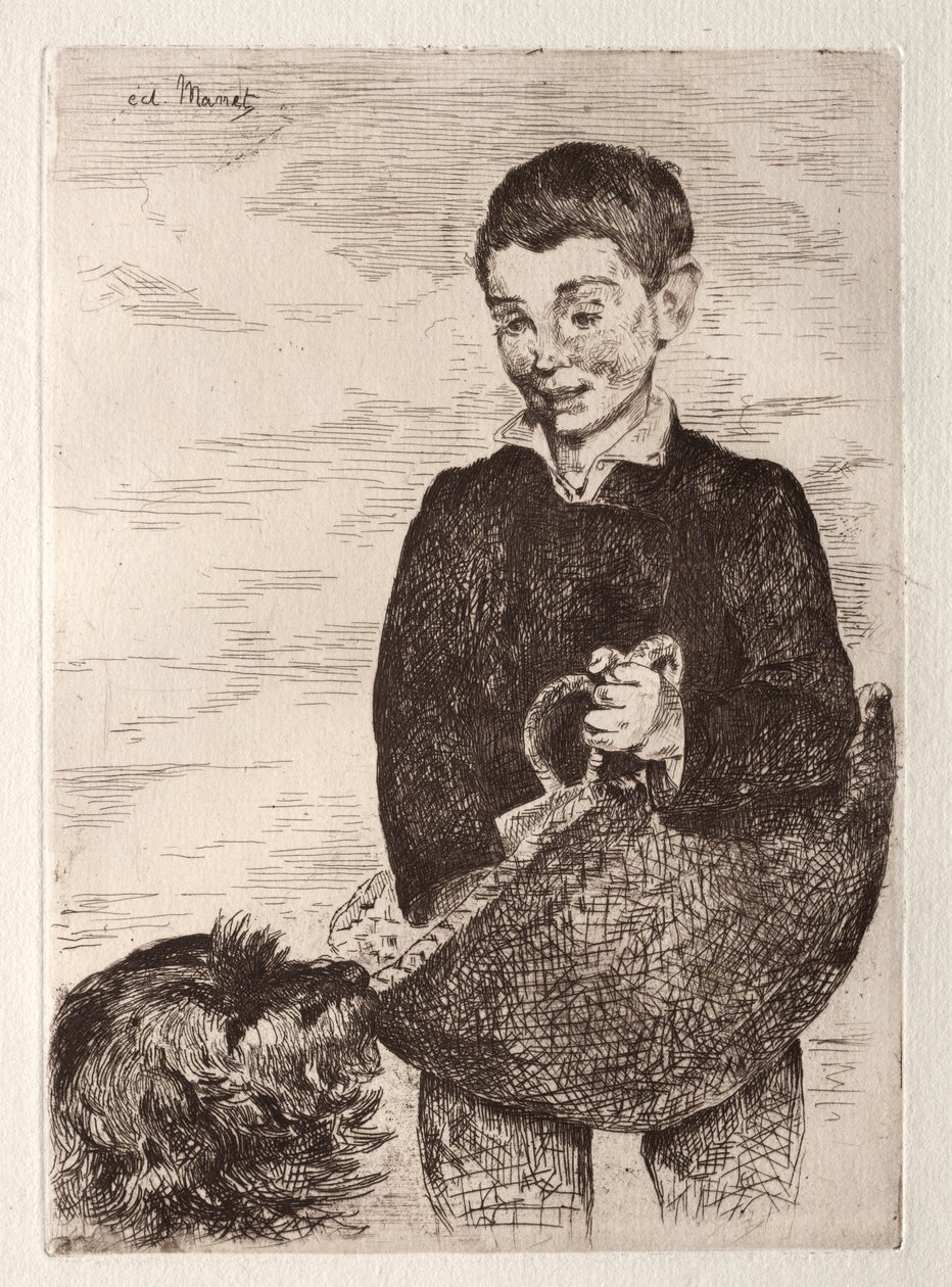 Dzieciak z psem, z torbą na zakupy. autorstwa Édouard Manet