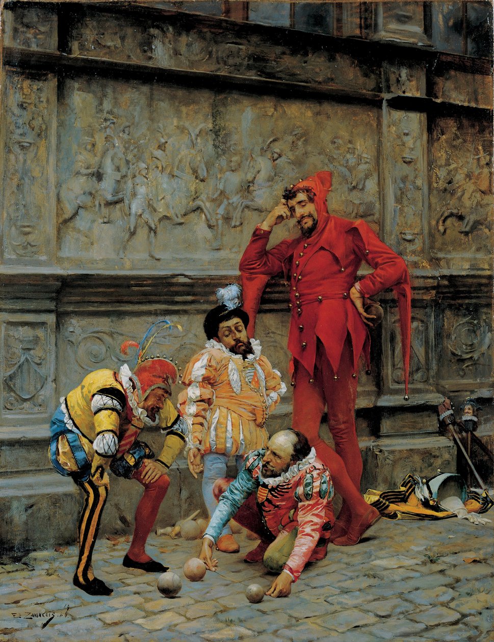Błaznów grających w Cochonnet, 1868 autorstwa Eduardo Zamacois y Zabala