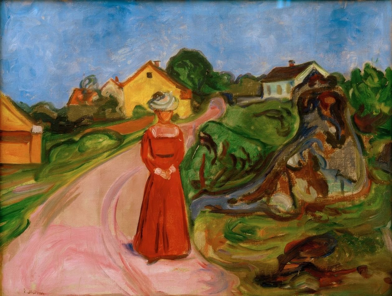 Kobieta w czerwonej sukience (ulica w Åsgårdstrand) autorstwa Edvard Munch