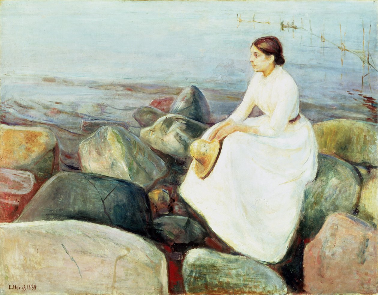 Inger na plaży, czyli wieczór (Letnia noc nad brzegiem morza, 1889) autorstwa Edvard Munch