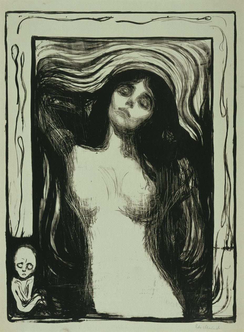 Madonna, 1895-1902 (litas ant pilkai žalio popieriaus)poli autorstwa Edvard Munch