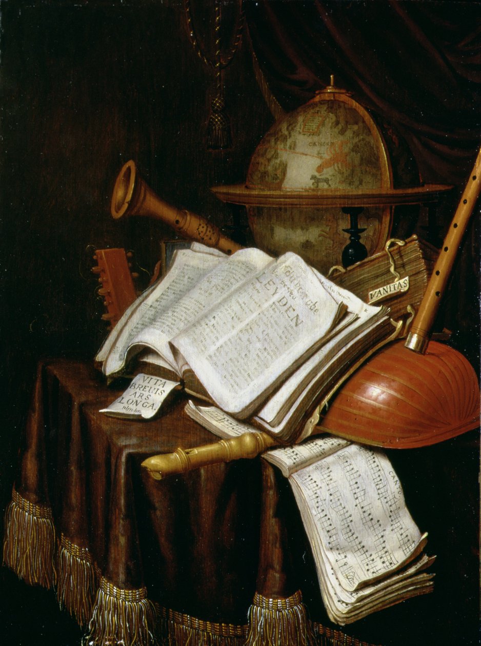 Vanitas z globusem, nutami i instrumentami, 1692 (panel) autorstwa Edwaert Colyer or Collier