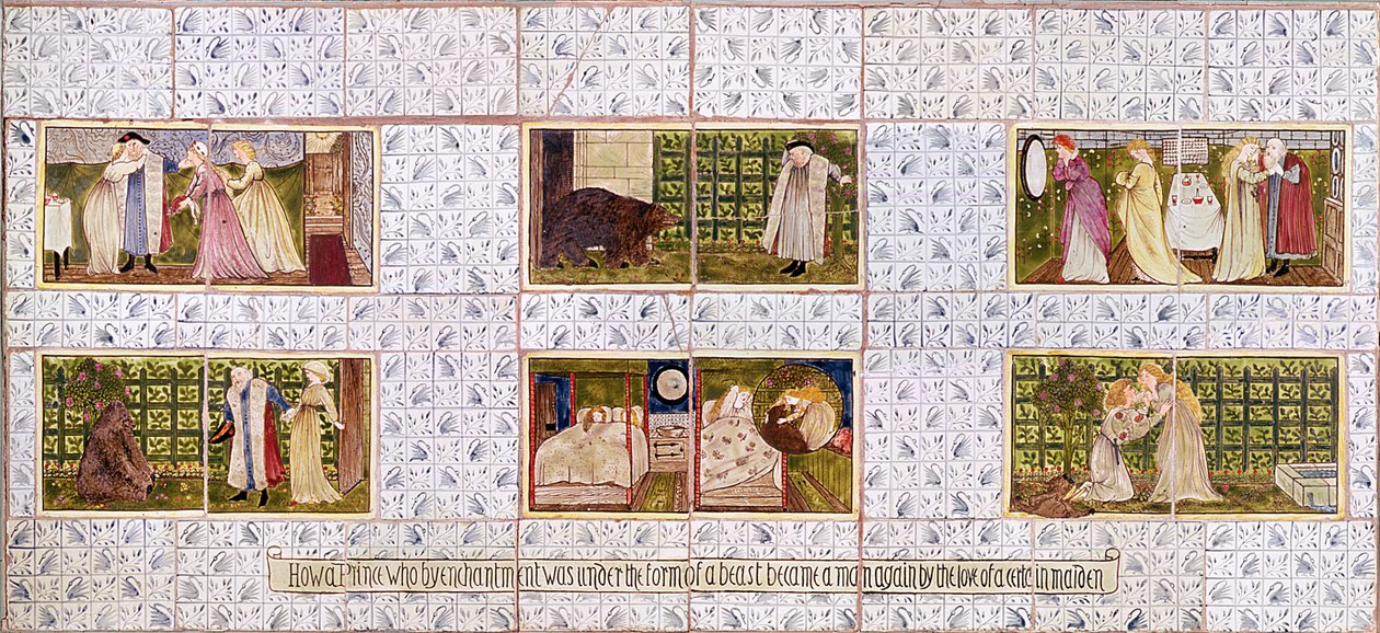 Panel kafelków przedstawiających historię Pięknej i Bestii z domu Birketa Fostera w Witley, Surrey, ok. 1862 (ceramika) autorstwa William Morris
